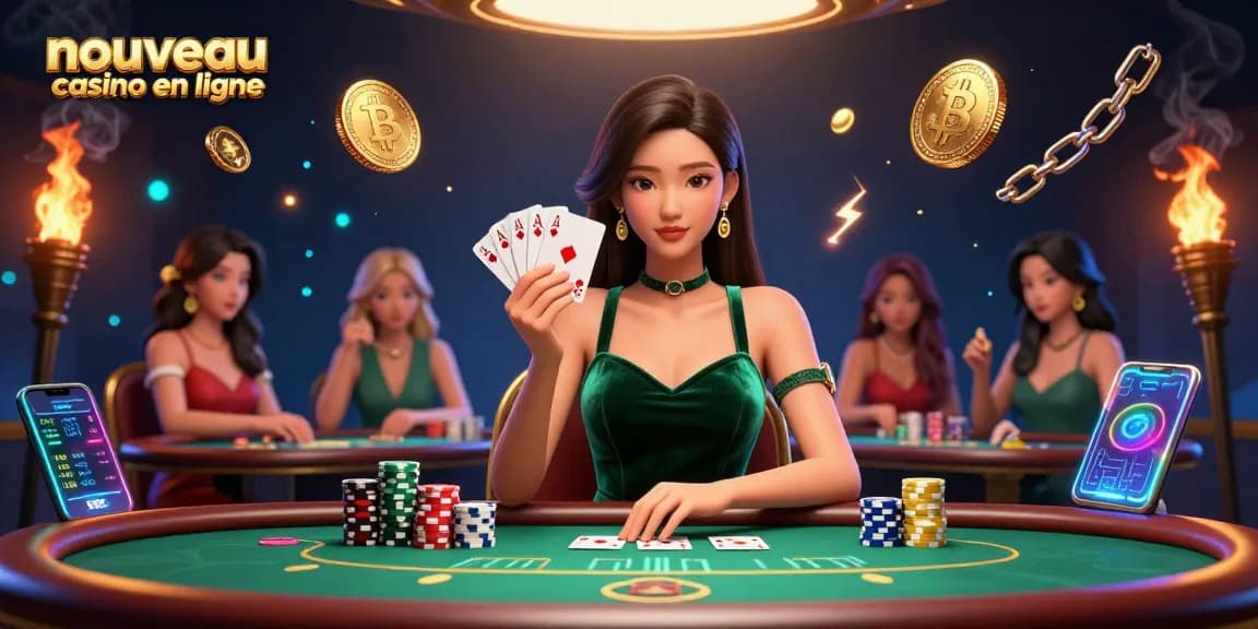 Découvrez le frisson au nouveau casino en ligne avec une scène de poker magnifiquement stylée et des éléments d'investissement numérique.