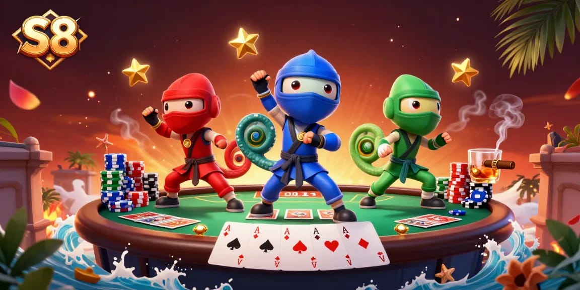 S8 casino scene showing a team of ninja chameleons playing poker with vibrant chips and cards.