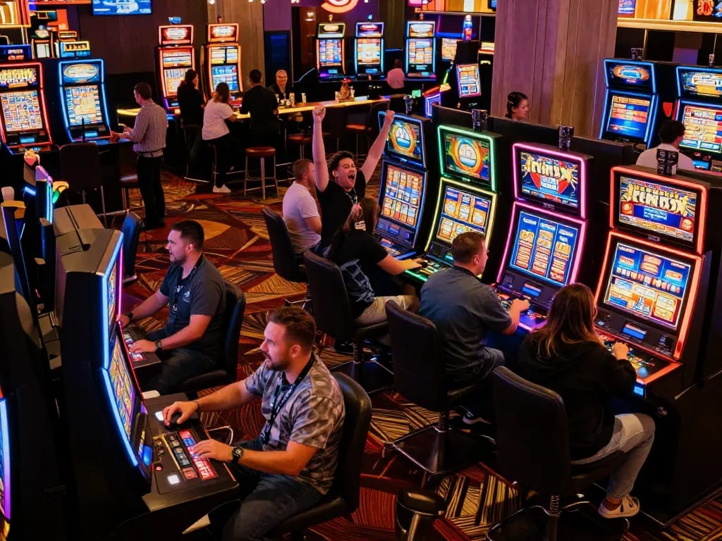 Experience the thrill of XX88 at a vibrant casino, where players celebrate their big wins amidst a dazzling array of slot machines.