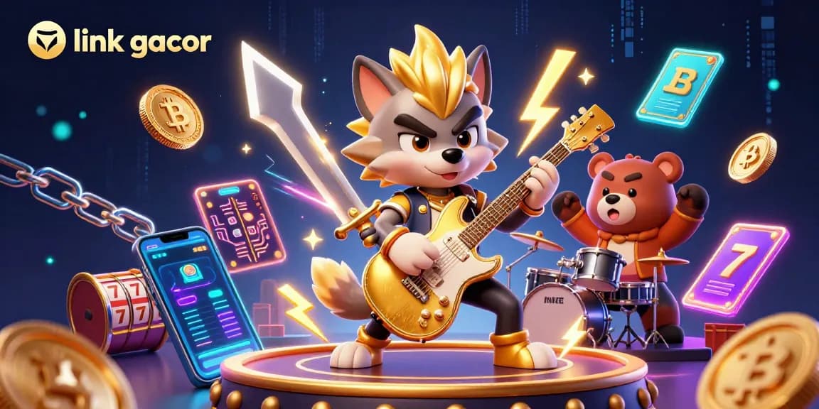 Experience thrilling moments with link gacor at this vibrant casino stage illustration featuring a rock star wolf.