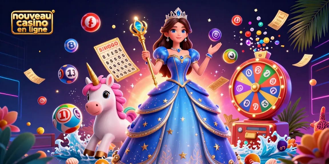 Vivez l'excitation au nouveau casino en ligne avec des illustrations vibrantes mettant en avant des jeux et des prix.