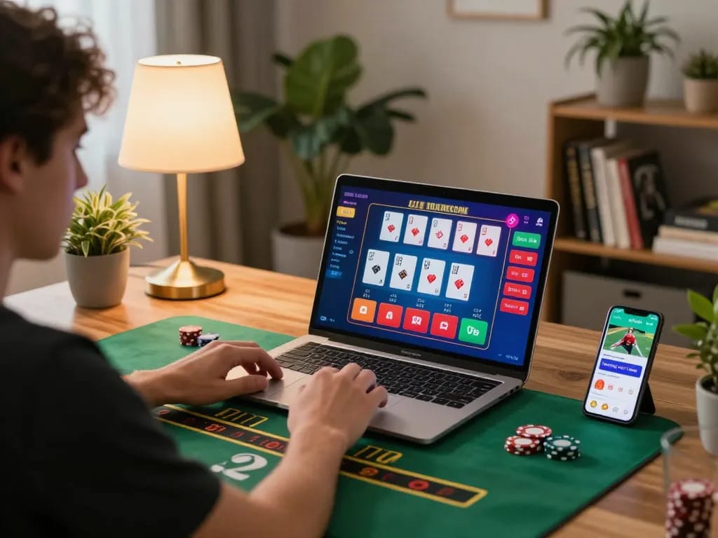 Engaged player using Sunwin for online blackjack at home, showcasing strategic gameplay and cozy atmosphere