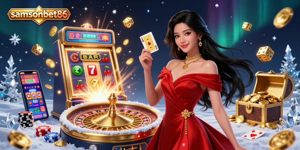 Play exciting games at samsonbet86 with a stunning Asian dealer beside a golden roulette wheel.