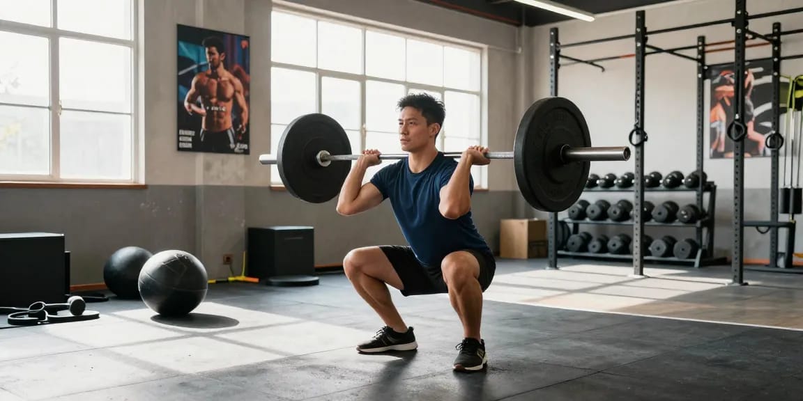 Athlete performing barbell squat in Astera Shop gym during energetic workout session.