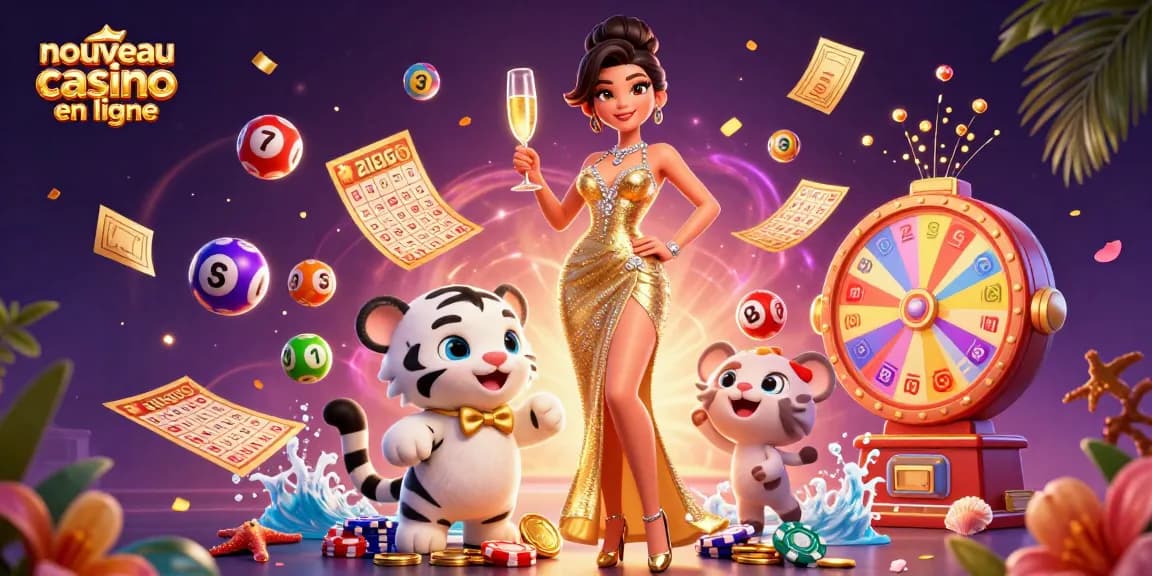 Jouez avec excitation au nouveau casino en ligne featuring des personnages glamour, des éléments de bingo et des prix vibrants.