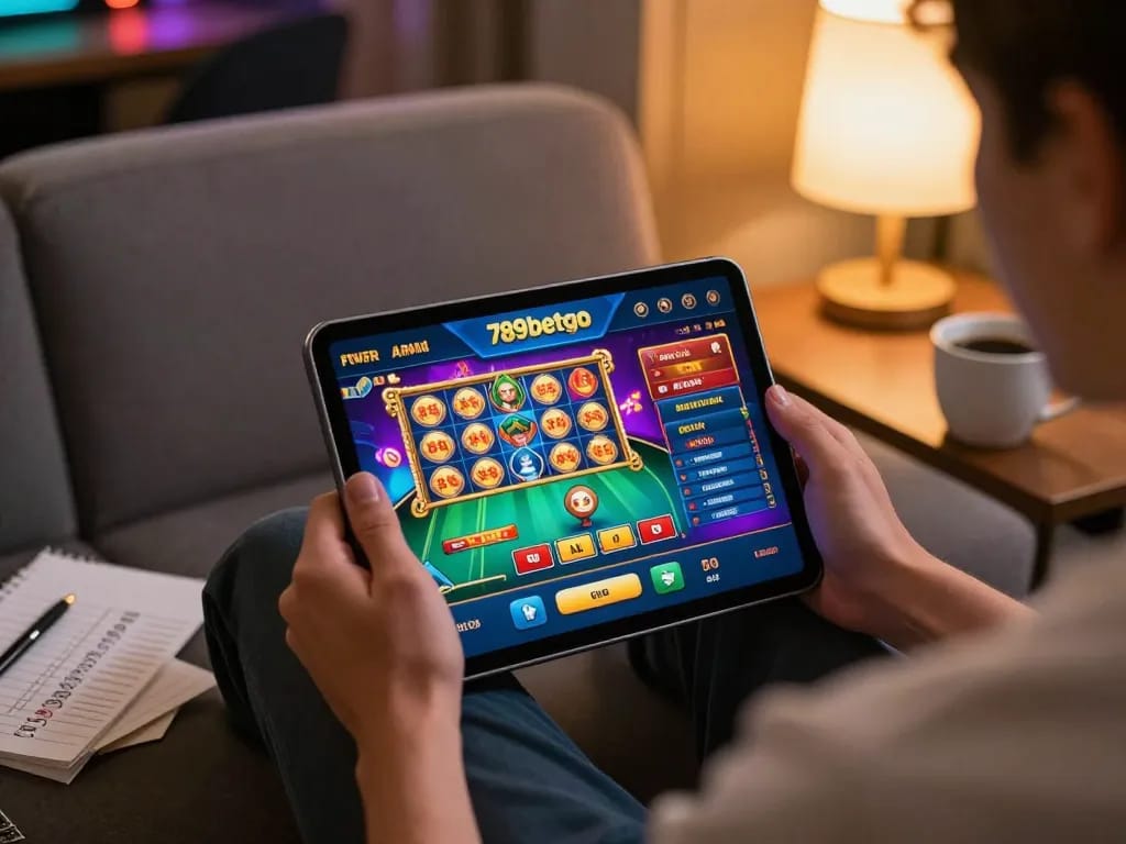 Engaging with the 789betgo casino app on a tablet, showcasing vibrant online gaming.