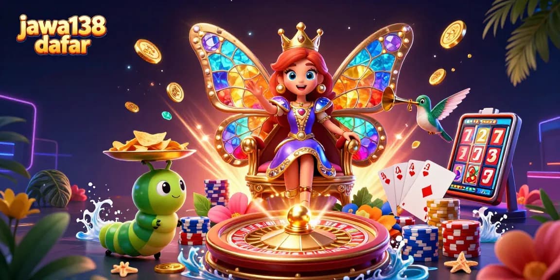 Makna dari jawa138 daftar menyajikan ilustrasi kasino menakjubkan dengan kepompong berwarna-warni dan tumpukan chip emas.