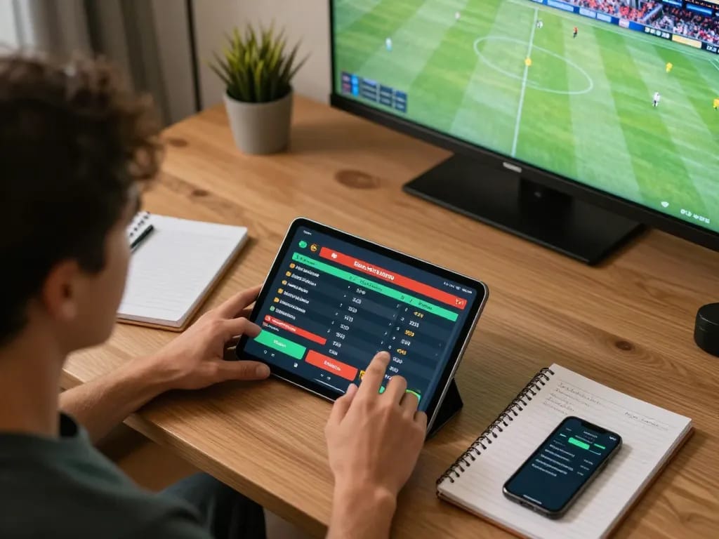 Siti non AAMS azione di scommesse sportive con una persona che piazza scommesse su un tablet e analizza strategie.