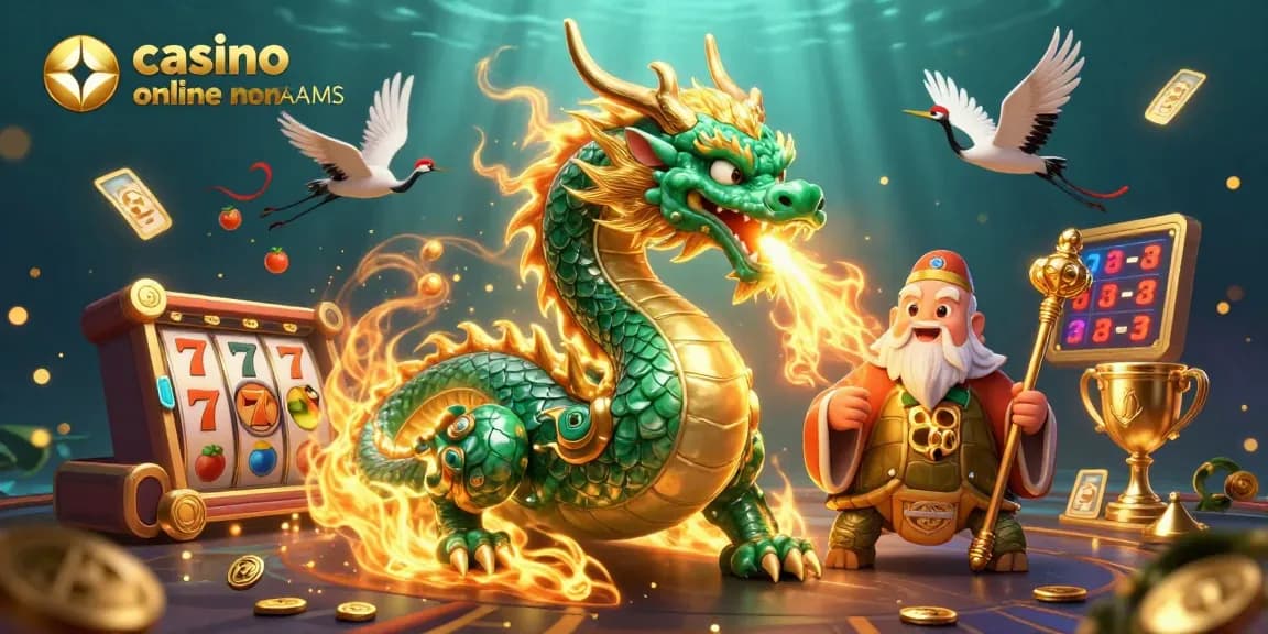 Interagisci con la vibrante scena dei casino online non AAMS caratterizzata da un drago di giada e simboli di fortuna.