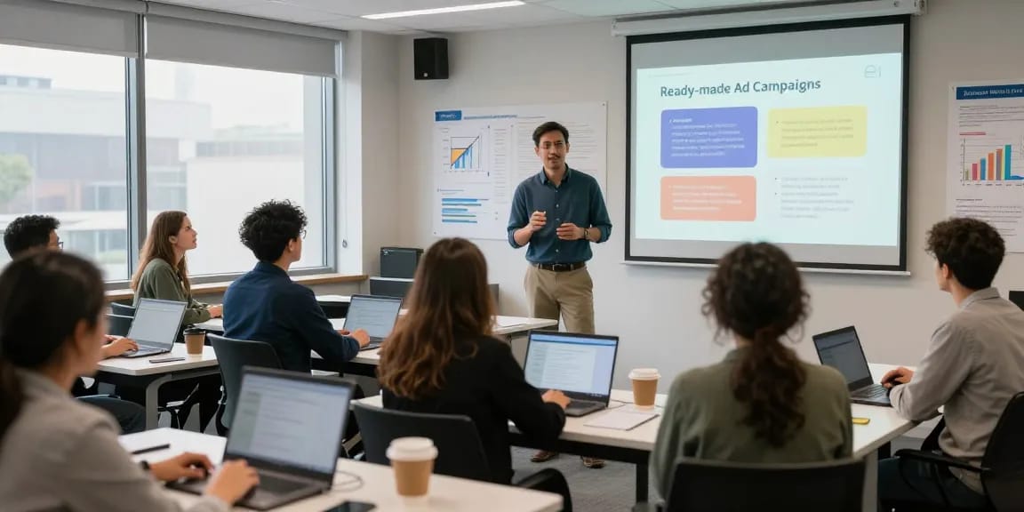 Engaging classroom scene illustrating Ready-made ad campaigns in a digital marketing course.