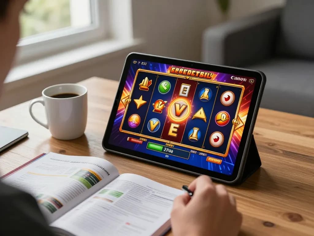 Engaging scene of a person spinning a slot game on a tablet, showcasing online gambling excitement.
