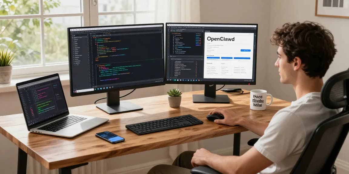 Developer using openclawd in a bright home office with dual monitors, coffee, and plants.