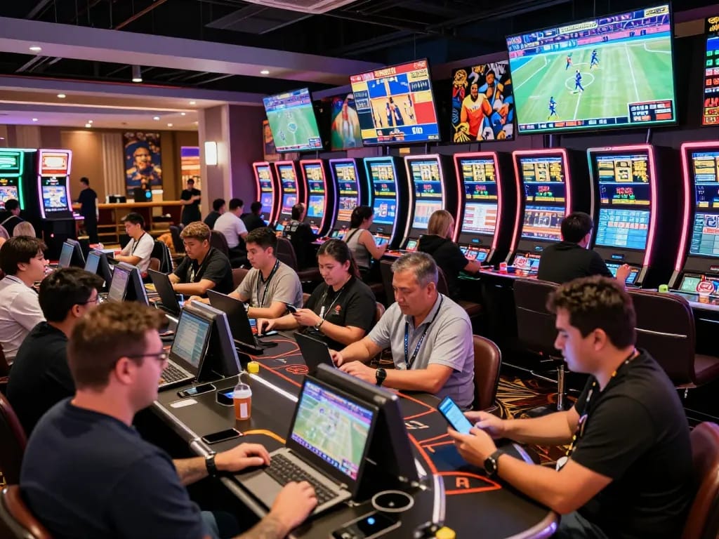 Tylekeonhacai88 highlights an energetic sports betting scene with enthusiastic bettors using technology.