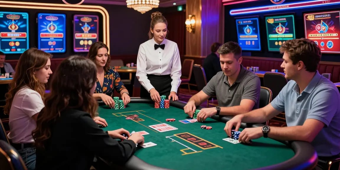 Scène palpitante de nouveau casino en ligne avec des joueurs à une table de croupier en direct, atmosphère vibrante et gameplay engageant.