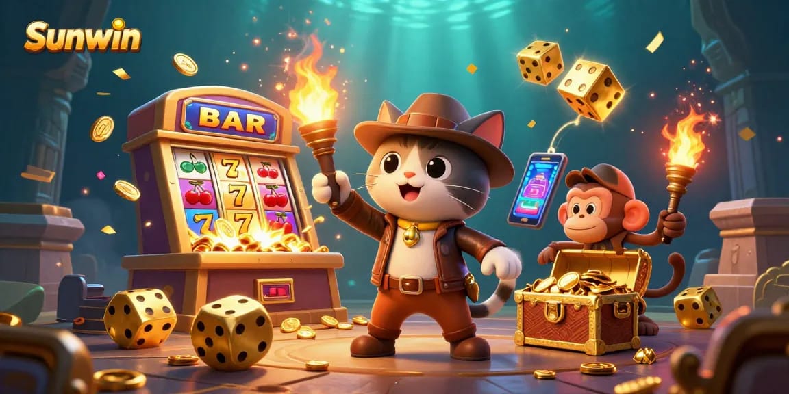 Experience the thrill of Sunwin with a vibrant casino scene featuring a cat explorer discovering treasures.