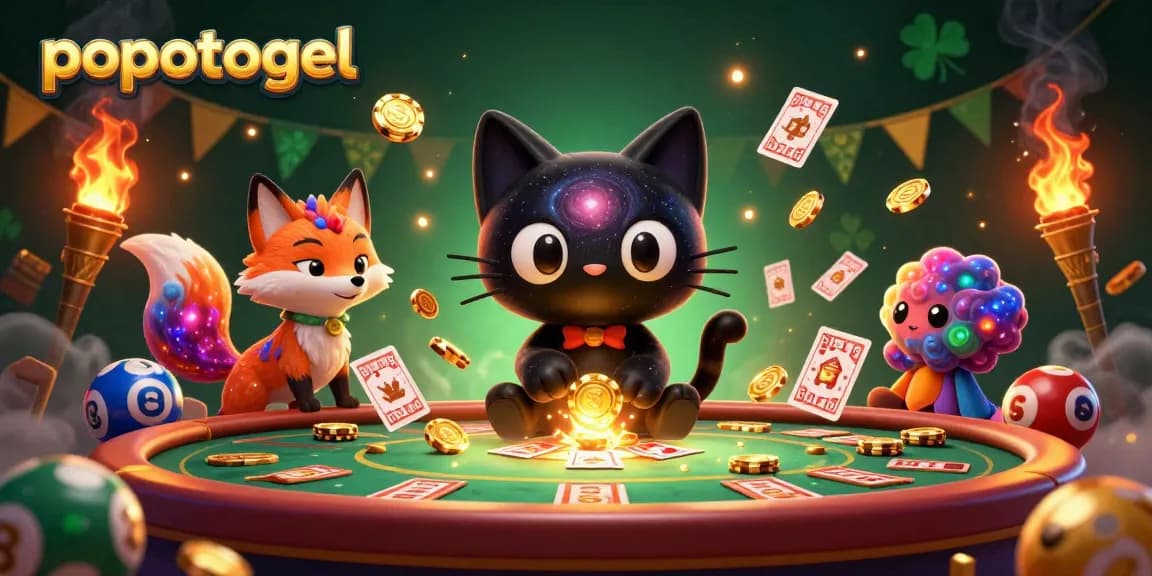popotogel showcases a thrilling lottery scene with a black hole cat and colorful gas fox amid vibrant casino elements