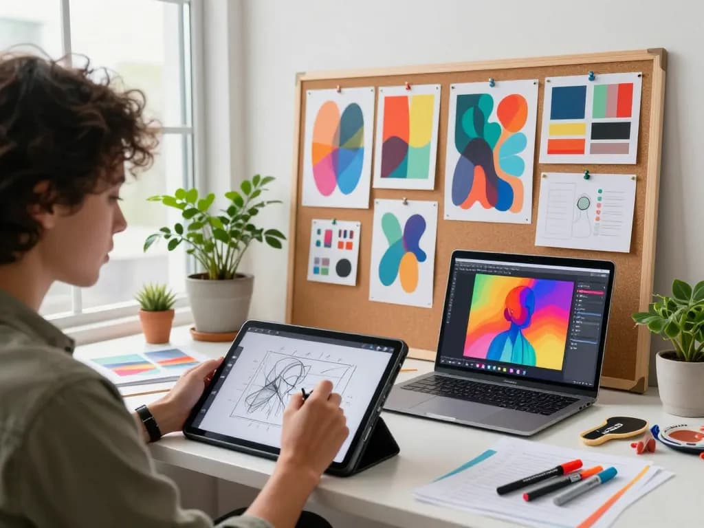 Generate stunning art using our image to prompt tool in a vibrant studio environment.