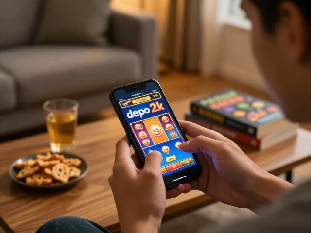 Playing slot depo 2k game on a smartphone in a cozy living room.