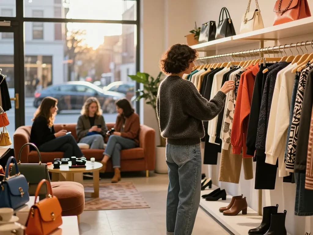 Shopper at revelcollective.myshopify.com browsing trendy fashion items in a vibrant boutique.