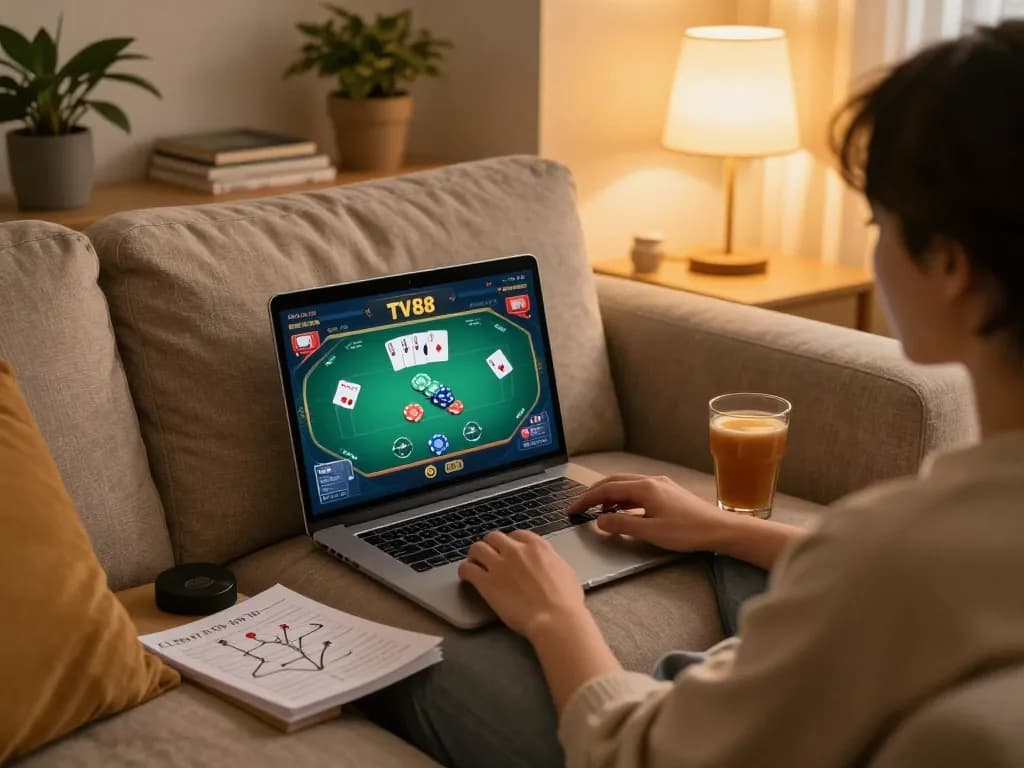 Engaging in a thrilling tv88 game online from a cozy home setup with poker strategies visible.