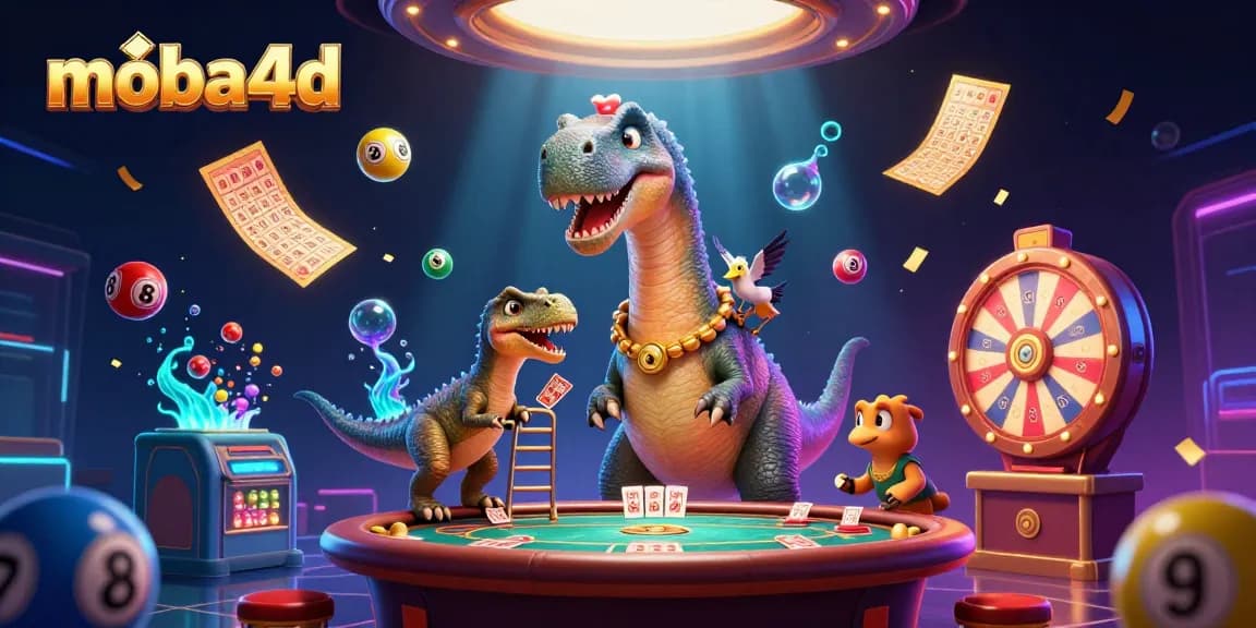 Experience the engaging world of moba4d with a vibrant and dynamic casino-themed scene featuring a brontosaurus and raptor.