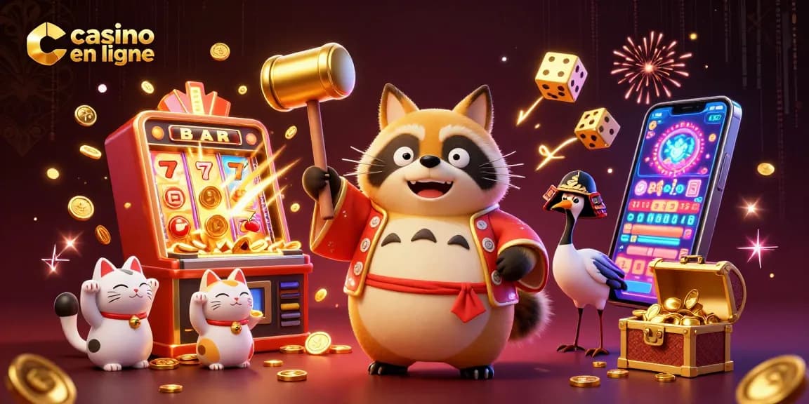 Vivez l'excitation des jeux de casino en ligne avec ce tanuki chanceux et ses amis.