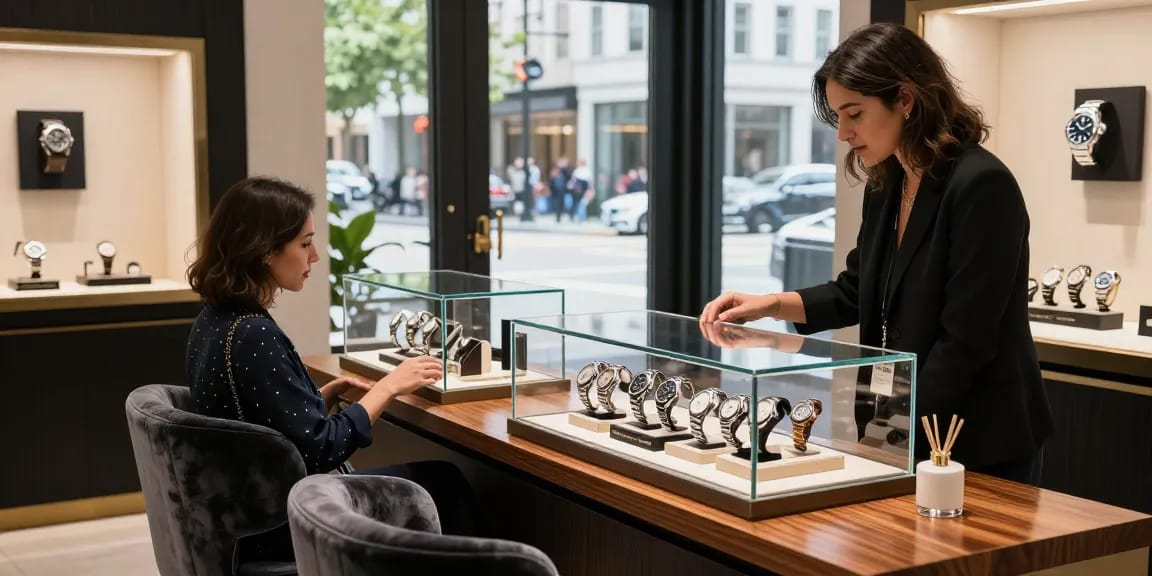 Elegant display of high-quality replica watches in luxury boutique