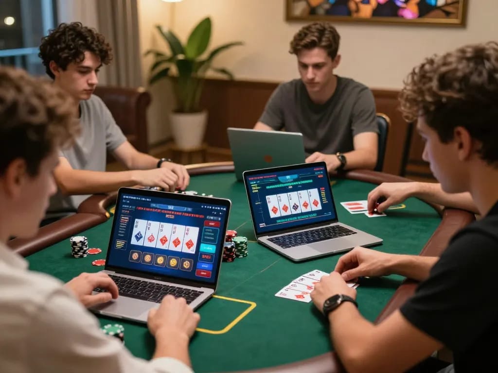 O8 players strategizing during intense poker match on online casino platform.