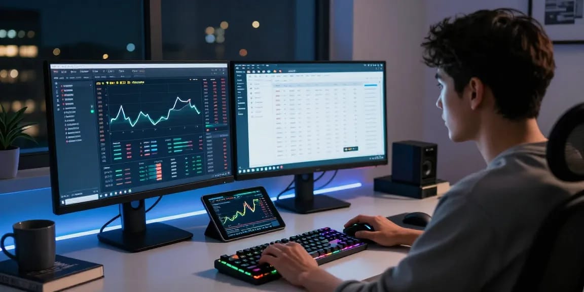 Automated bitcoin mining in a modern home office setting, showcasing active cryptocurrency trading and security practices.
