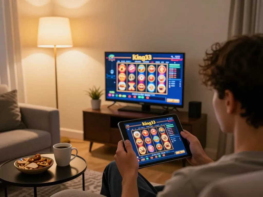Engaged player using king33 app on tablet while enjoying snacks at home.