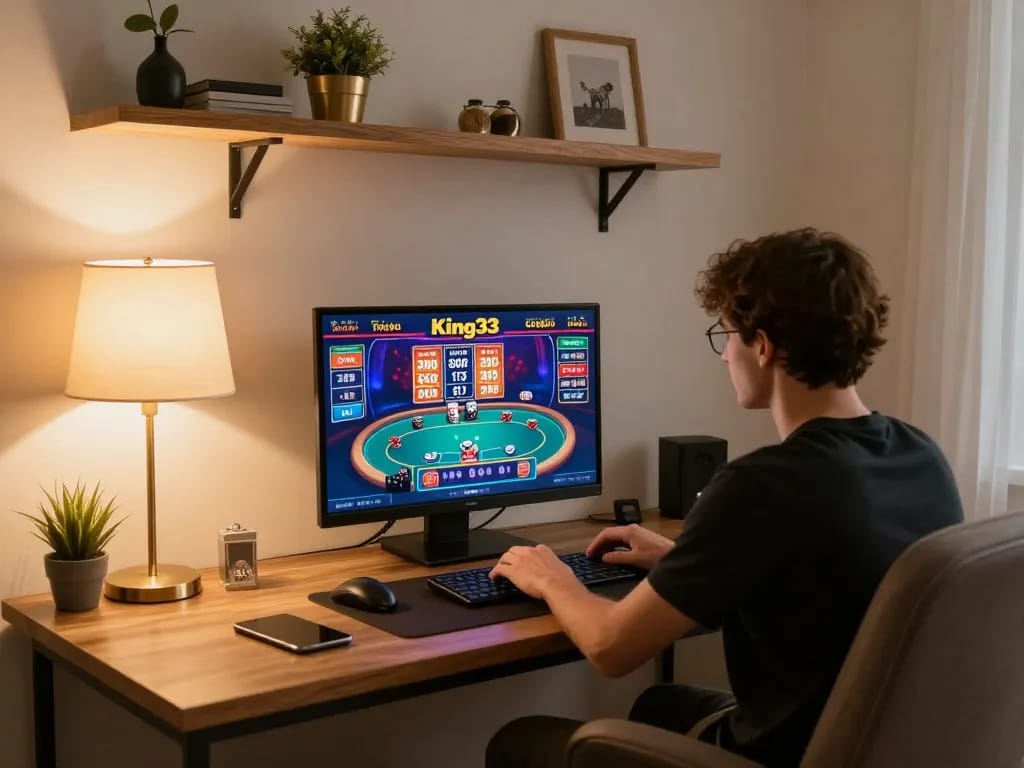 Person engaging in gaming at king33, showcasing online poker and slots with warm ambiance.