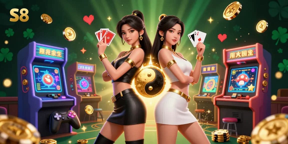 S8 offers exciting gaming moments with stunning twin Asian women showcasing casino cards amidst vibrant game elements.