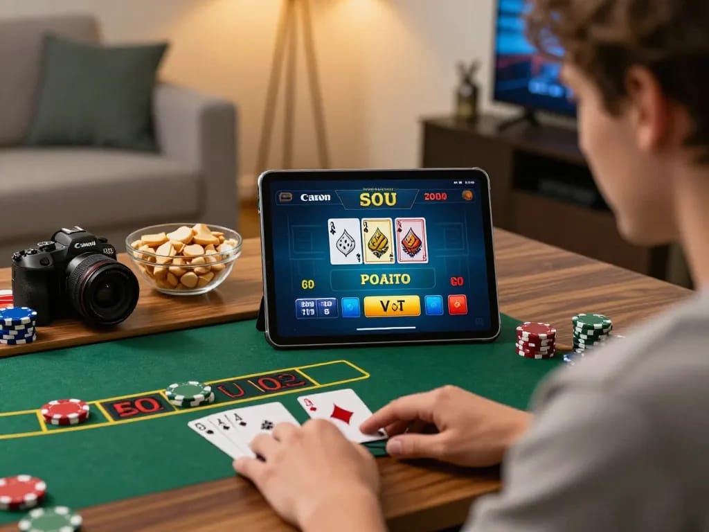 Engaged player enjoying tr88 game at home using tablet for live dealer blackjack
