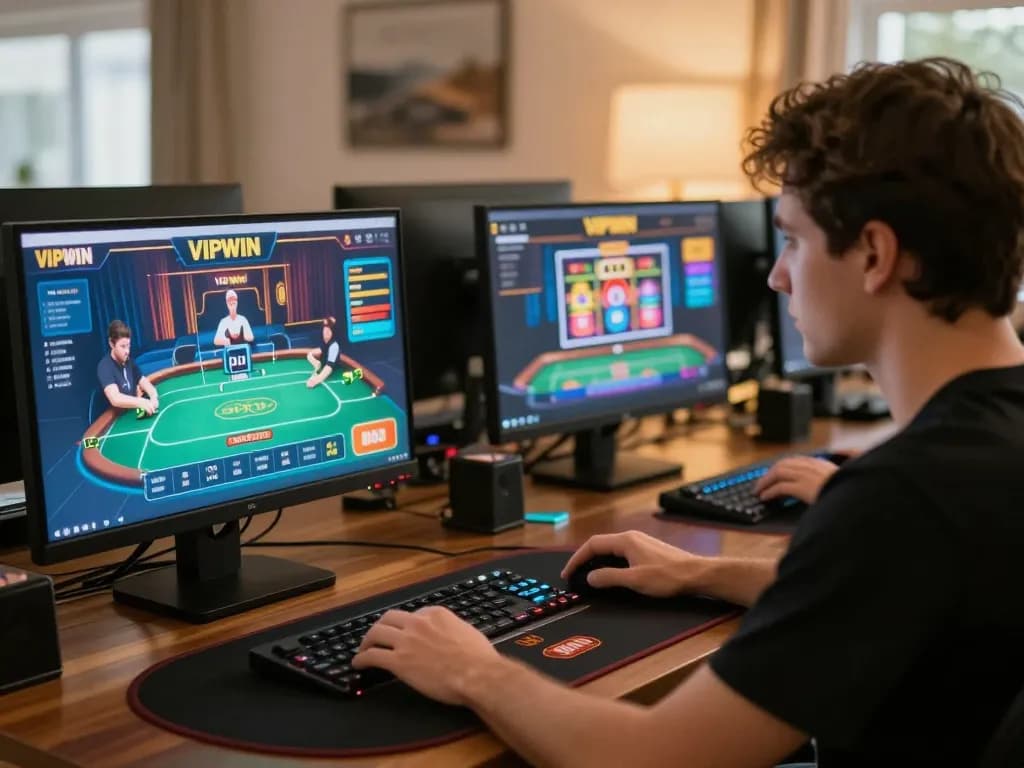 Engaging player strategizing on VIPWIN gaming setup, with multiple screens showcasing casino games.