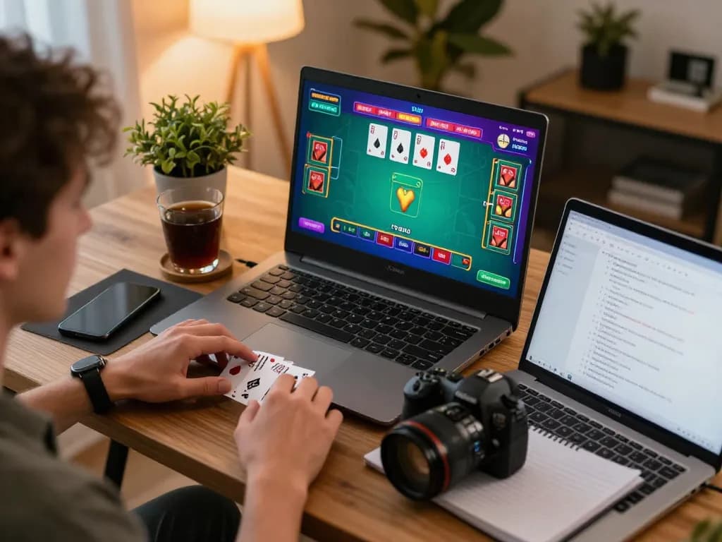 Player engaging in live dealer blackjack on tablet, strategically managing bankroll with fc88 guidelines on decor.