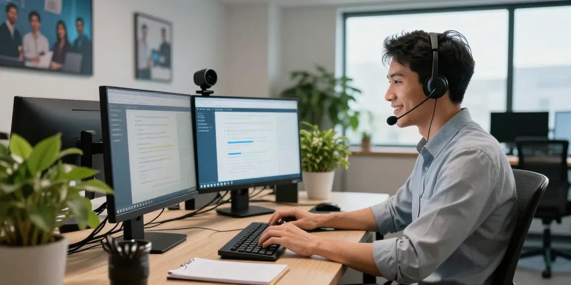Friendly Telus-Technical-Support representative efficiently troubleshooting issues in a modern office.