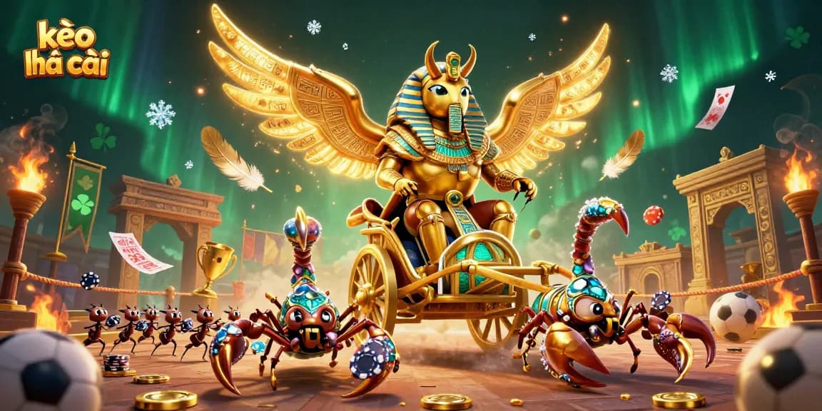 Engage with kèo nhà cái in this vibrant 3D scene featuring a colossal scarab and sports elements.