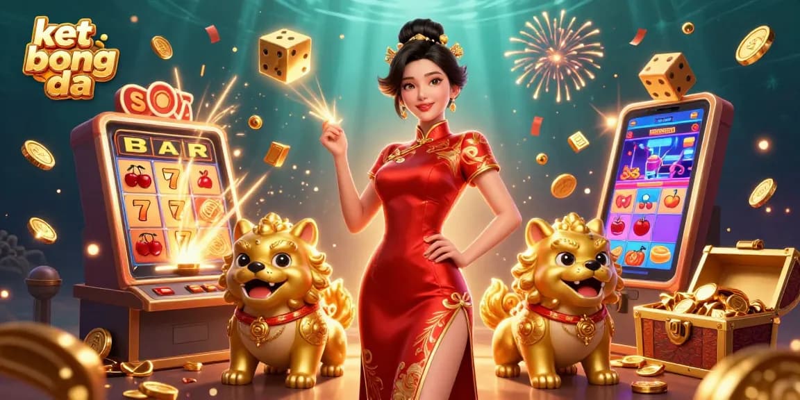 Experience ket qua bong da with vibrant characters, slot machines, and festive fireworks in a captivating casino scene.