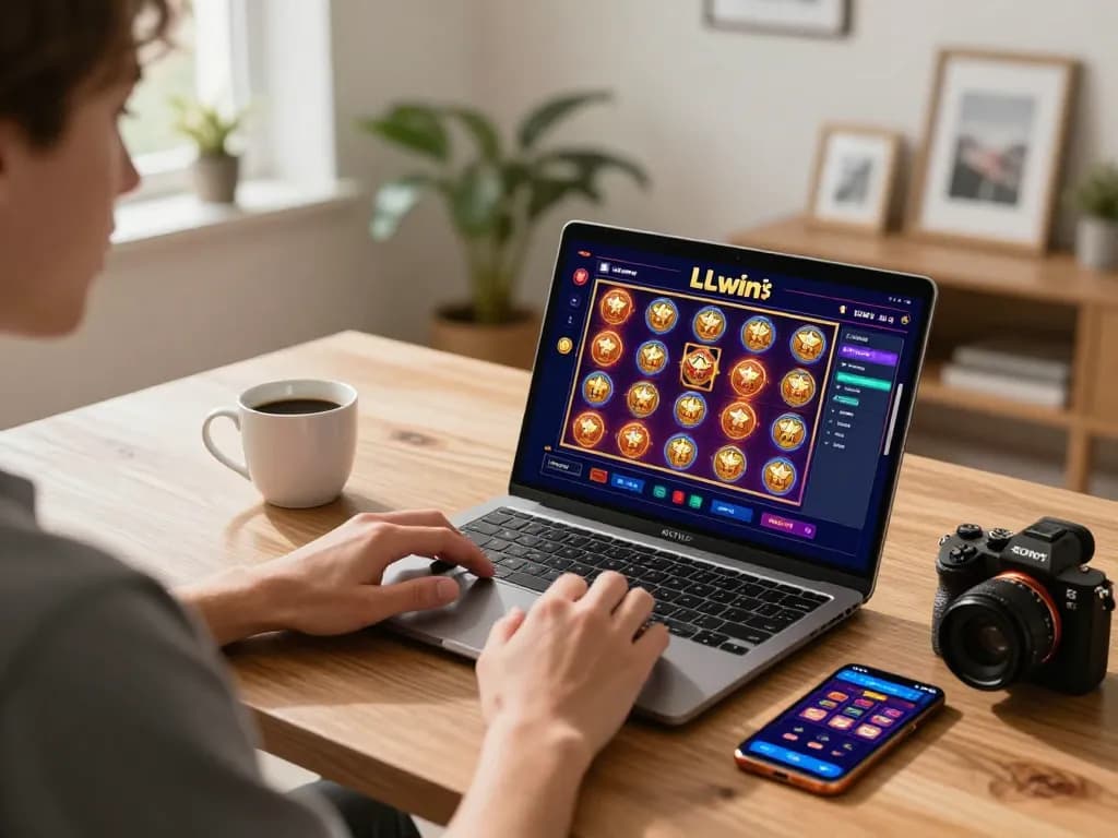 LLwin online casino gaming setup with vibrant slots display and supportive personal environment
