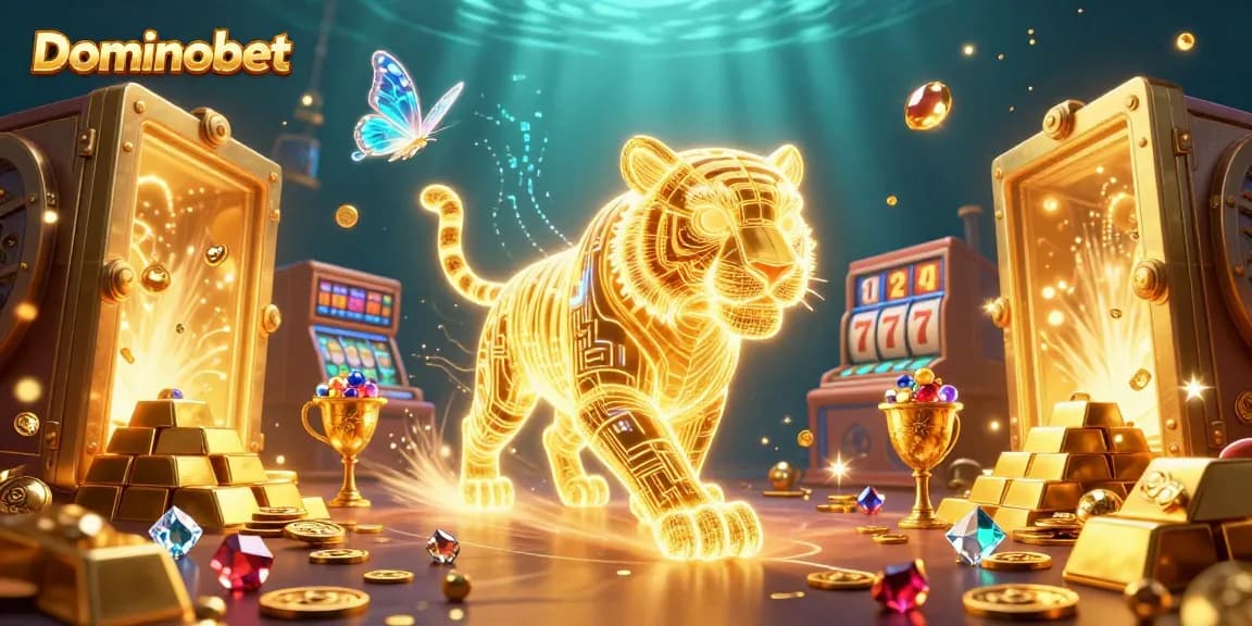 Experience thrilling gameplay with Dominobet's vibrant casino scene, featuring a golden tiger and jackpot elements.