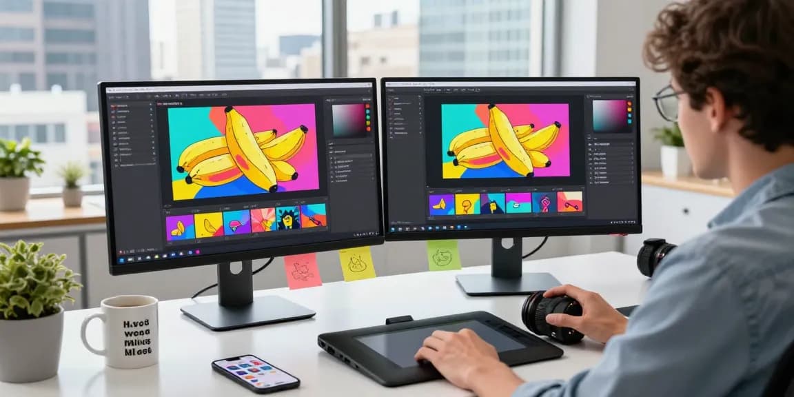 Innovative workspace showcasing nano banana 2 interface, vibrant graphics, and a focused creator in a modern office.