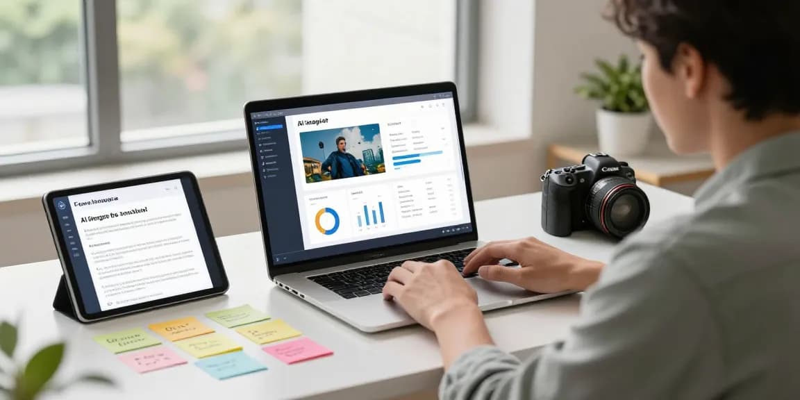 Workspace showcasing a user utilizing a free AI image detector with analysis results displayed on laptop and engaging in research.