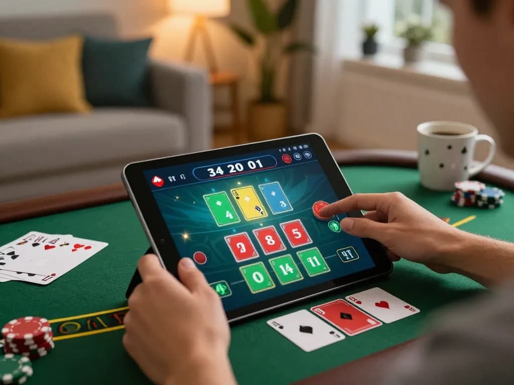 Play blackjack on 23win with engaging tablet interface showcasing strategy and chips