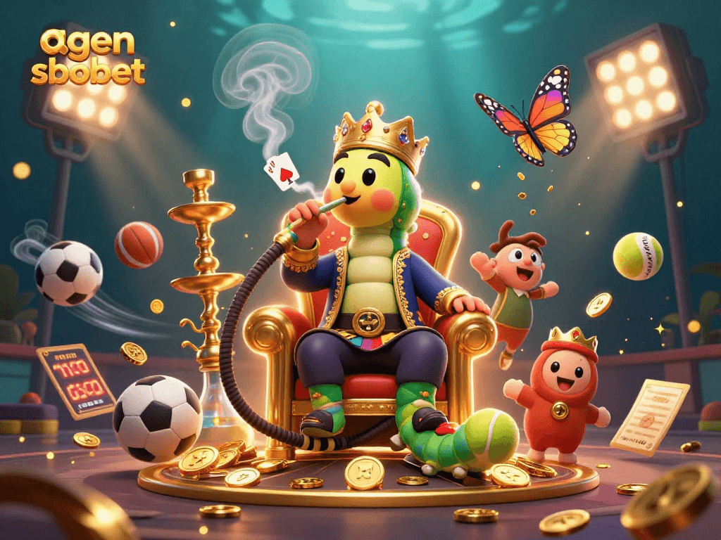 Experience thrilling bets with agen sbobet, featuring a caterpillar hookah-master and sports elements.