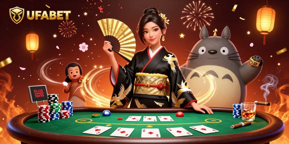 Engage with UFABET's dynamic gaming environment featuring a poker scene with vibrant characters and casino elements.