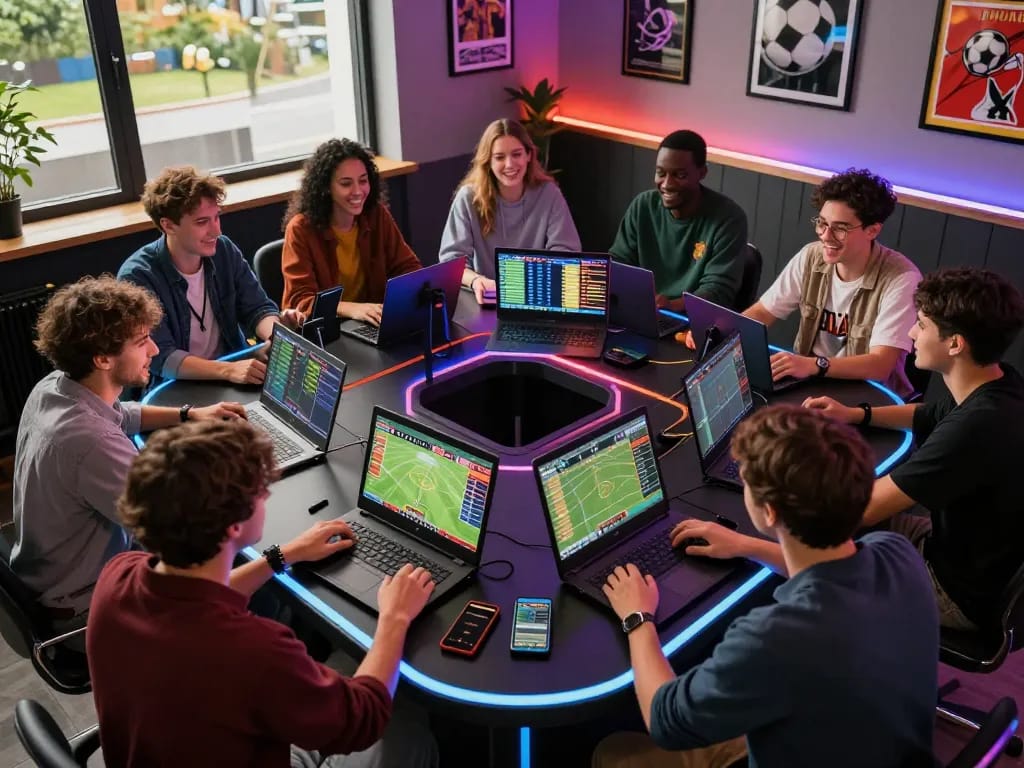 Engaged friends placing bets on superjp at a lively sports betting gathering