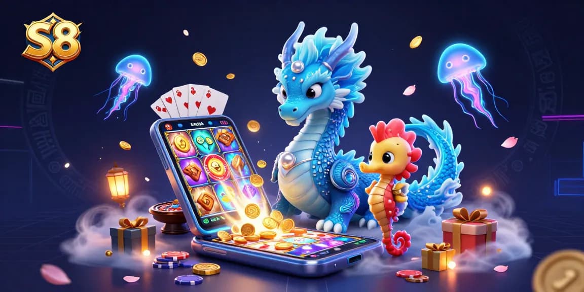 S8 offers thrilling casino excitement with a vibrant dragon and seahorse knight amidst glowing jellyfish.