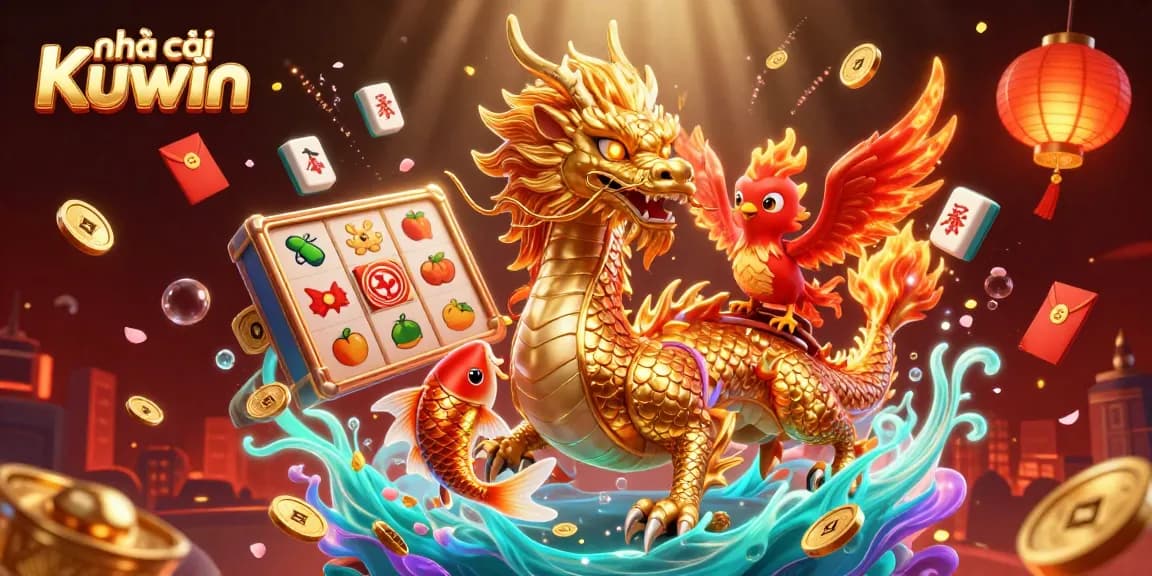 Experience the thrill of Nhà cái Kuwin with dynamic casino visuals featuring a golden dragon and fiery phoenix.