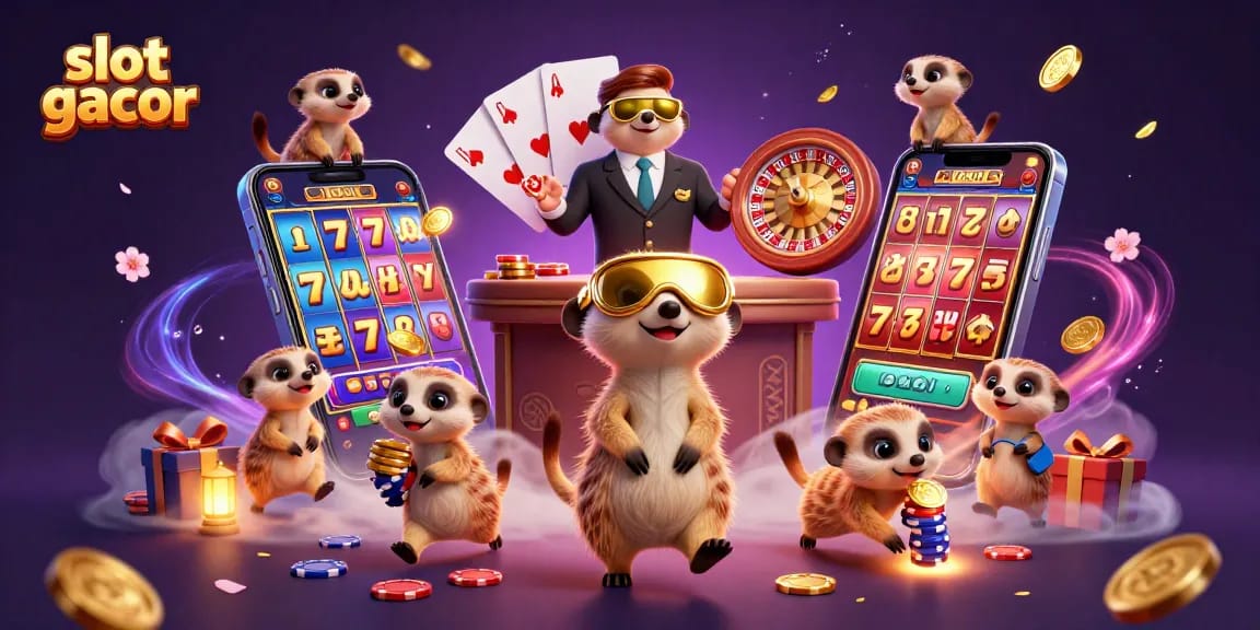 Engage in slot gacor action with lively meerkats running a casino, showcasing modern slot games and rewards