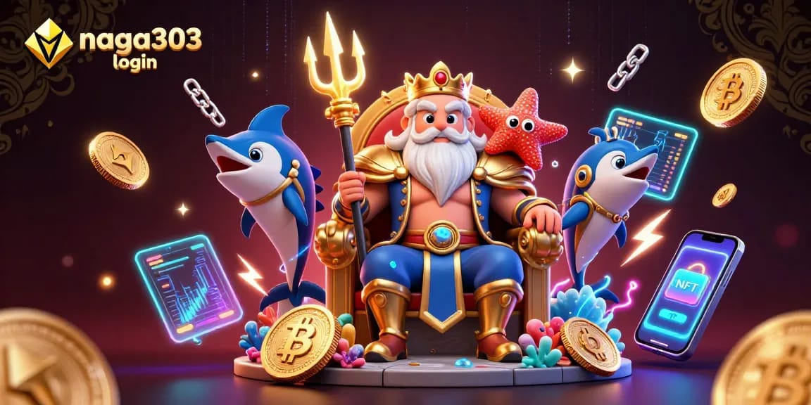 Engage with the thrilling world of Naga303 login showcasing Neptune amidst vibrant crypto icons.